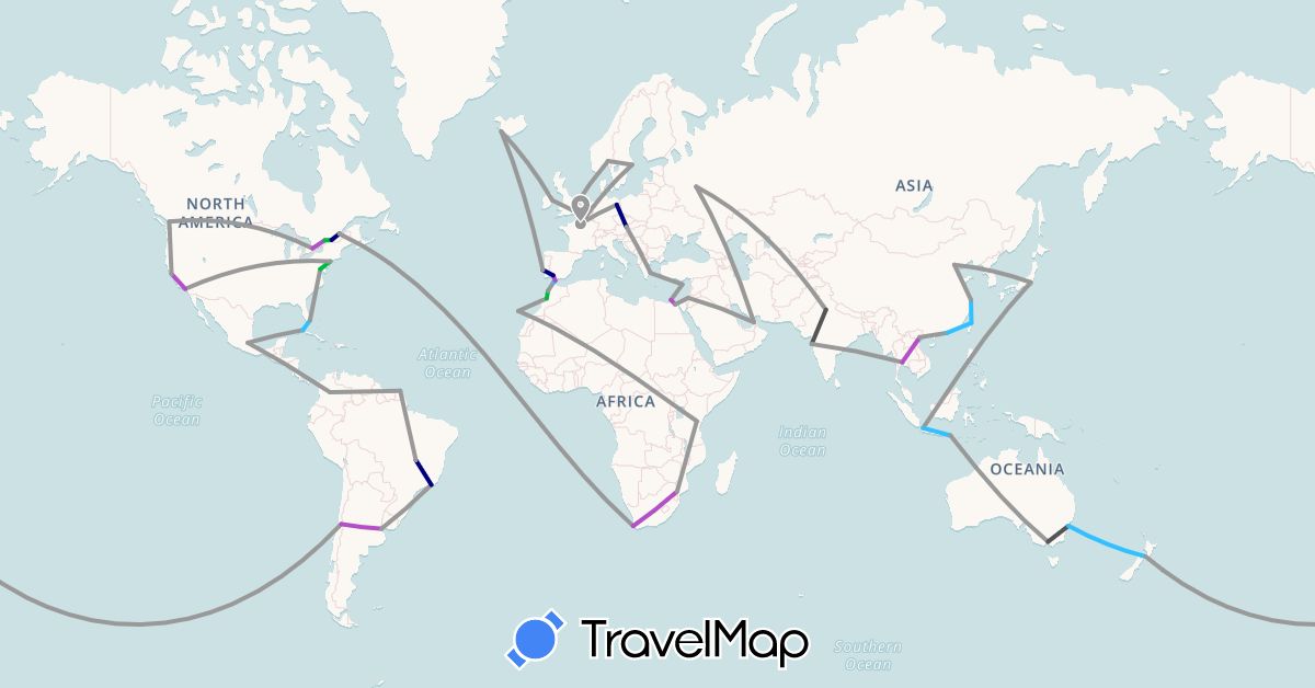 TravelMap itinerary: driving, bus, plane, train, boat, motorbike in United Arab Emirates, Argentina, Austria, Australia, Brazil, Canada, Chile, China, Colombia, Cuba, Germany, Egypt, Spain, France, United Kingdom, French Guiana, Gibraltar, Greece, Hong Kong, Indonesia, Ireland, Israel, India, Iceland, Japan, Morocco, Mexico, Norway, New Zealand, Portugal, Russia, Thailand, Taiwan, Tanzania, United States, Vietnam, South Africa (Africa, Asia, Europe, North America, Oceania, South America)