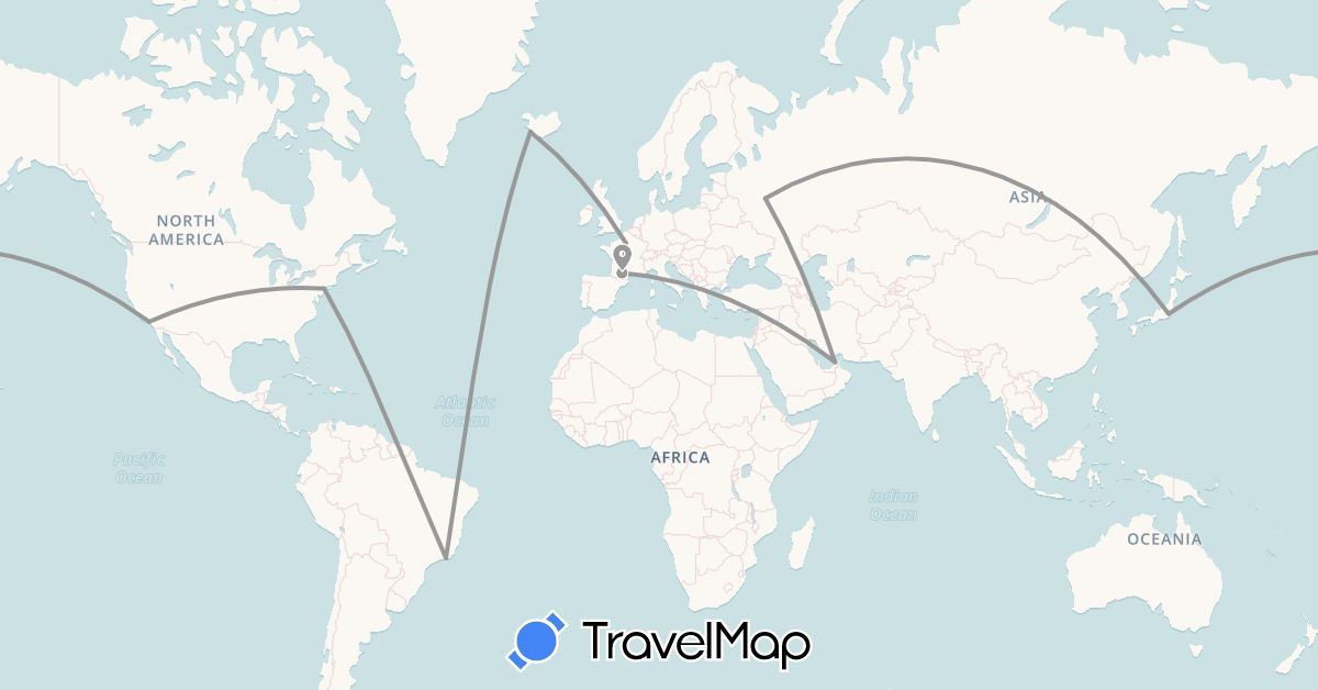TravelMap itinerary: driving, plane in United Arab Emirates, Brazil, France, Iceland, Japan, Russia, United States (Asia, Europe, North America, South America)